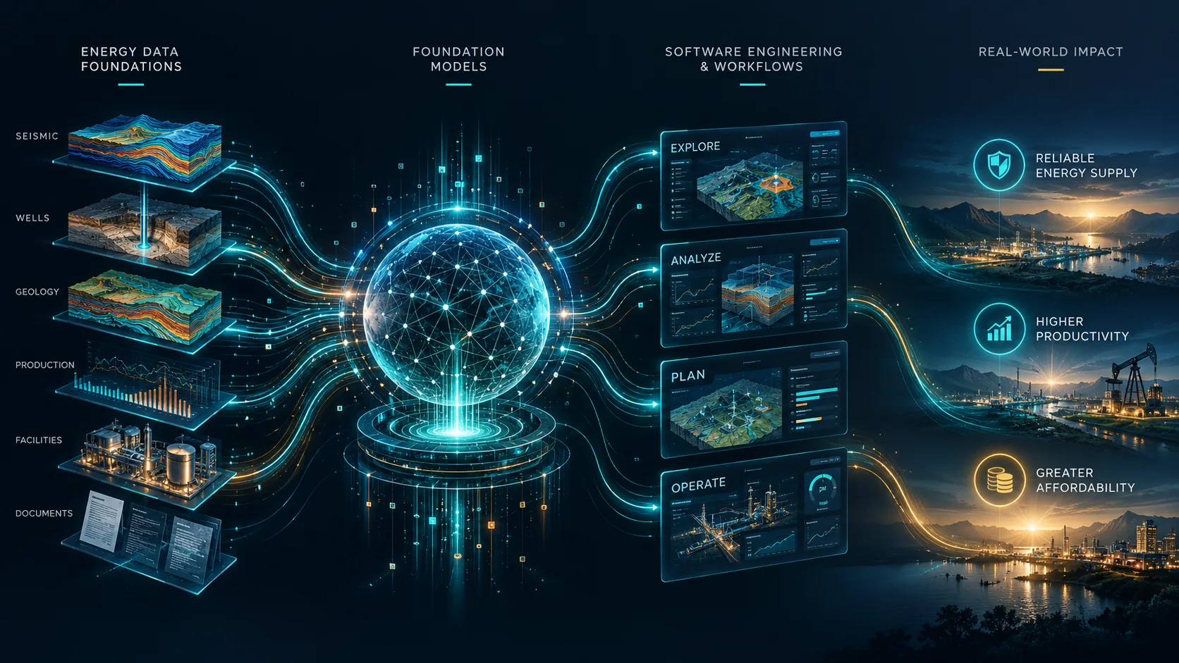 Conceptual subsurface foundation modelling and scientific intelligence illustration